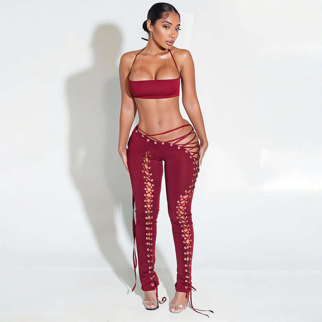 Women Fall Solid Halter Neck Lace-Up Top and Pants Two-piece Set 5