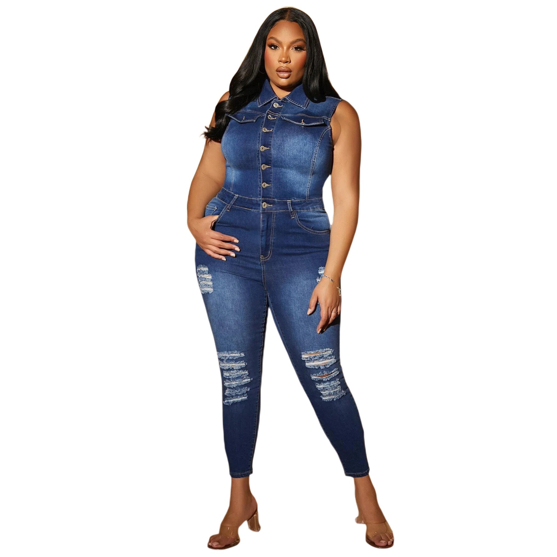 Sexy Fashion Denim Ripped Sleeveless Jumpsuit 6