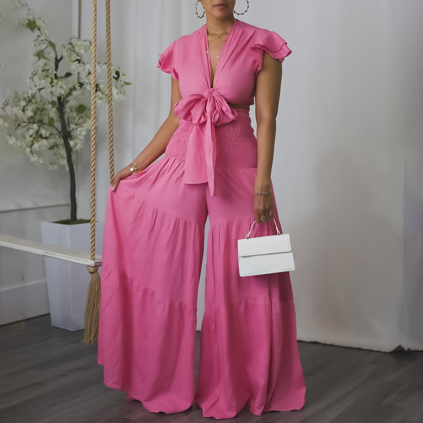 Plus Size Women Short Sleeve Lace-Up Top And Wide Leg Pants Two-Piece Set 8