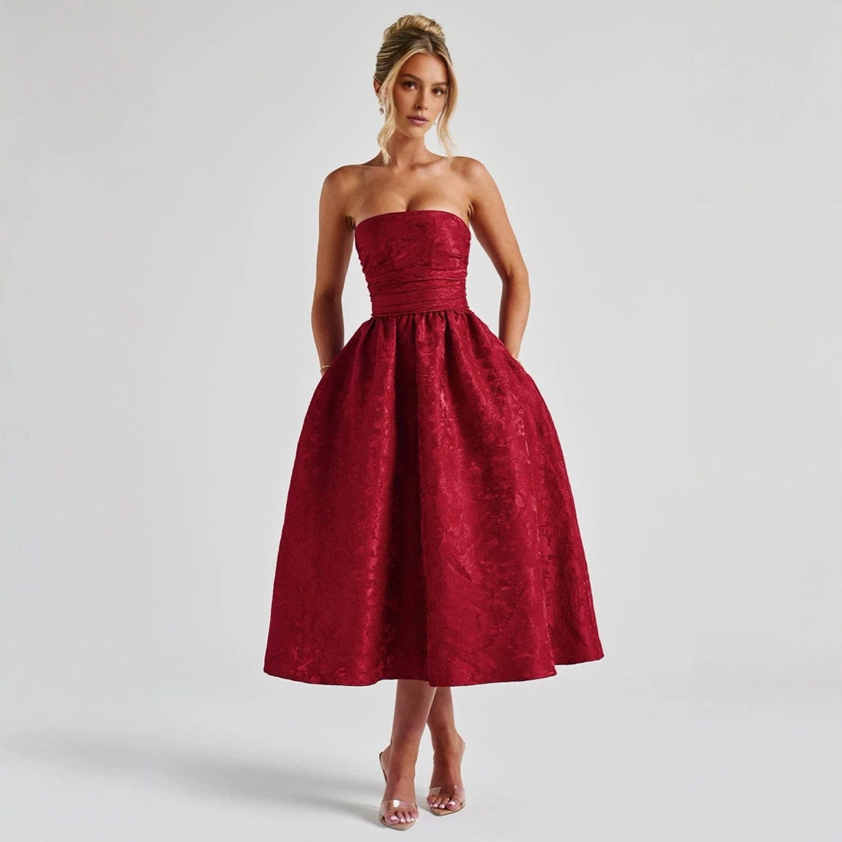 Women Strapless Spring Summer Jacquard Sleeveless Backless Lace-up Evening Dress 3