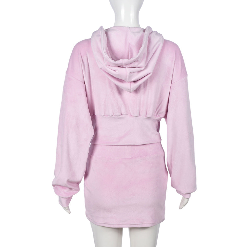 Women autumn and winter long-sleeved hooded Hoodies fleece and Skirt two-piece set 11