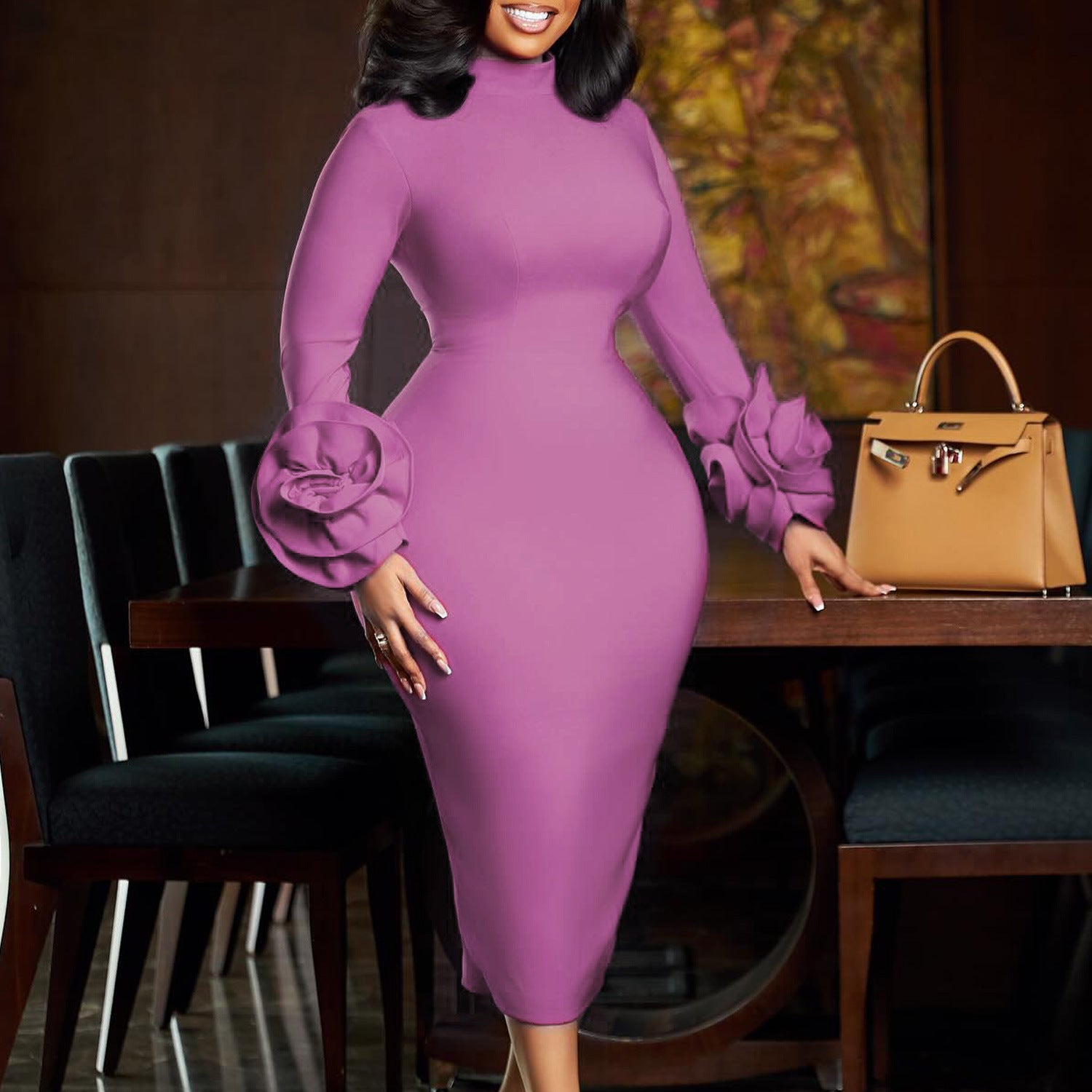 Semi-High Neck Chic Slim Elegant Office Floral Long Sleeve Bodycon Dress 5