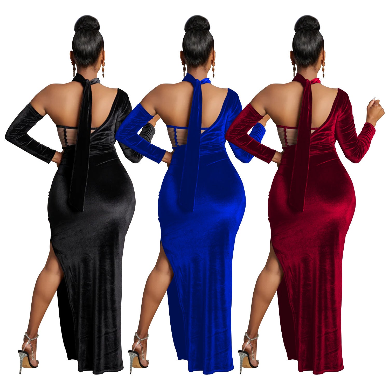 Fashion Ladies Solid Color One Sleeve Glove Evening Gown Maxi Dress 8