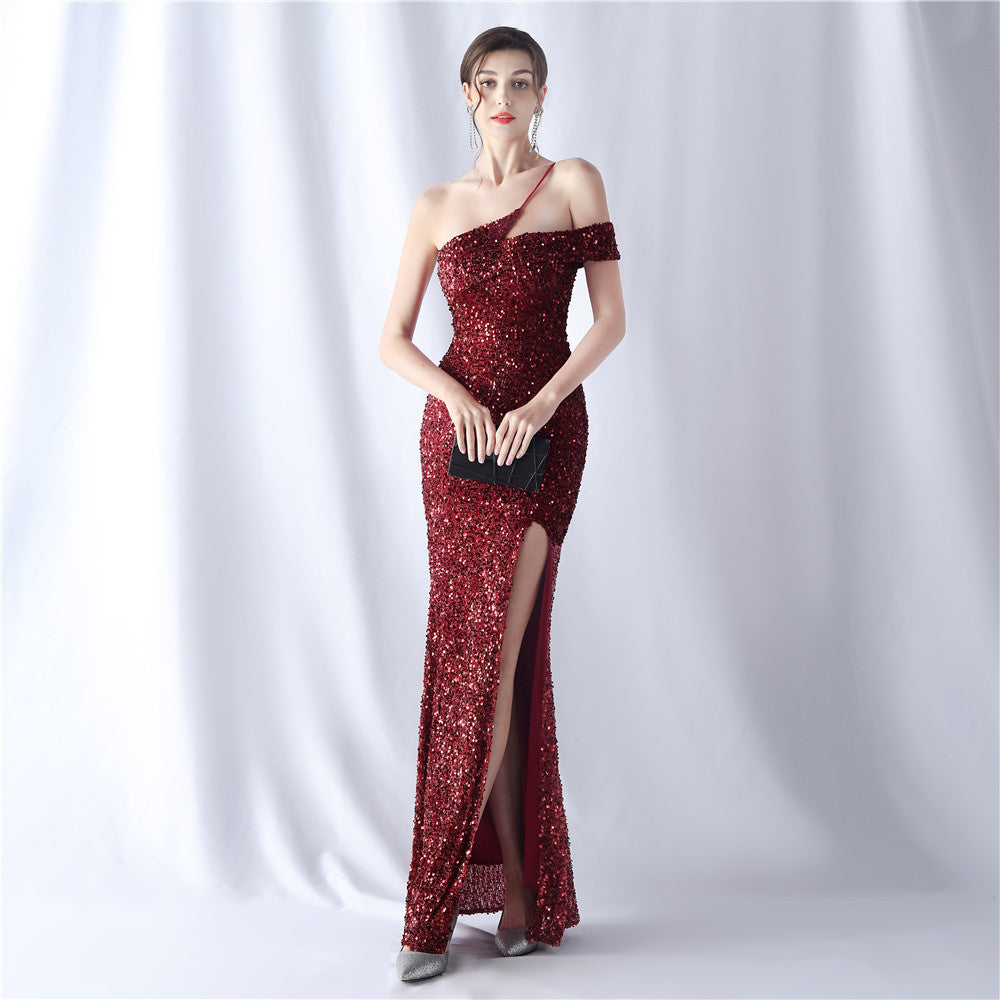 Summer Formal Sequin One-Shoulder Slit Evening Dress 4