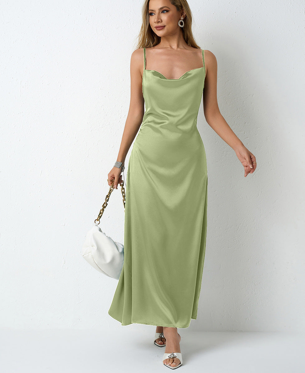 Women Pleated Sleeveless Satin Dress 46