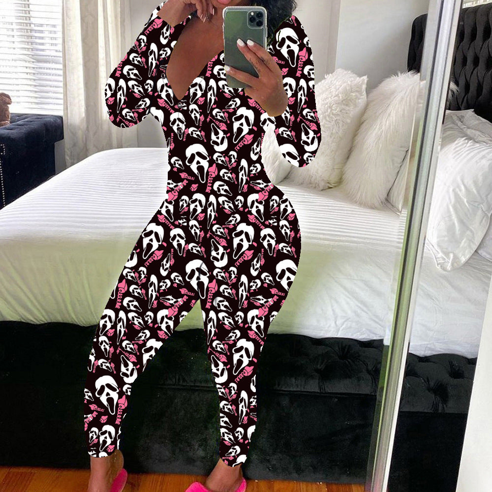 Women's Sexy Fashion Pattern Print Deep V-Neck Long Sleeve Tight Slim Jumpsuit 22