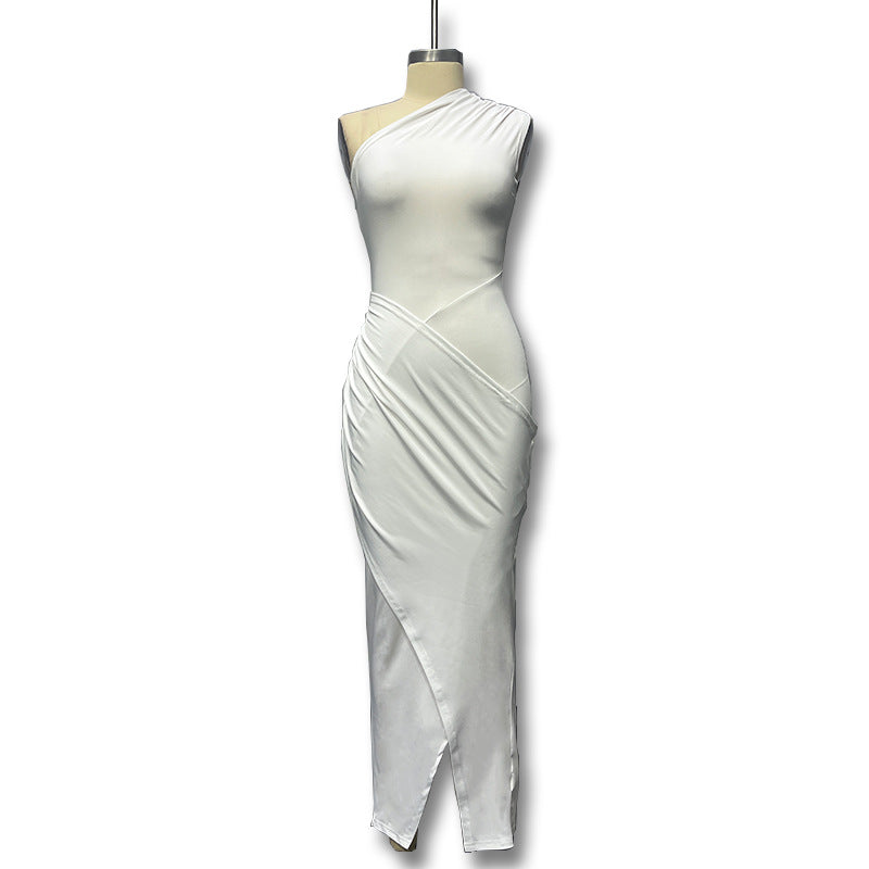 Summer Women's Solid Color Casual Slash Shoulder Sleeveless Slim One Shoulder Long Dress 9