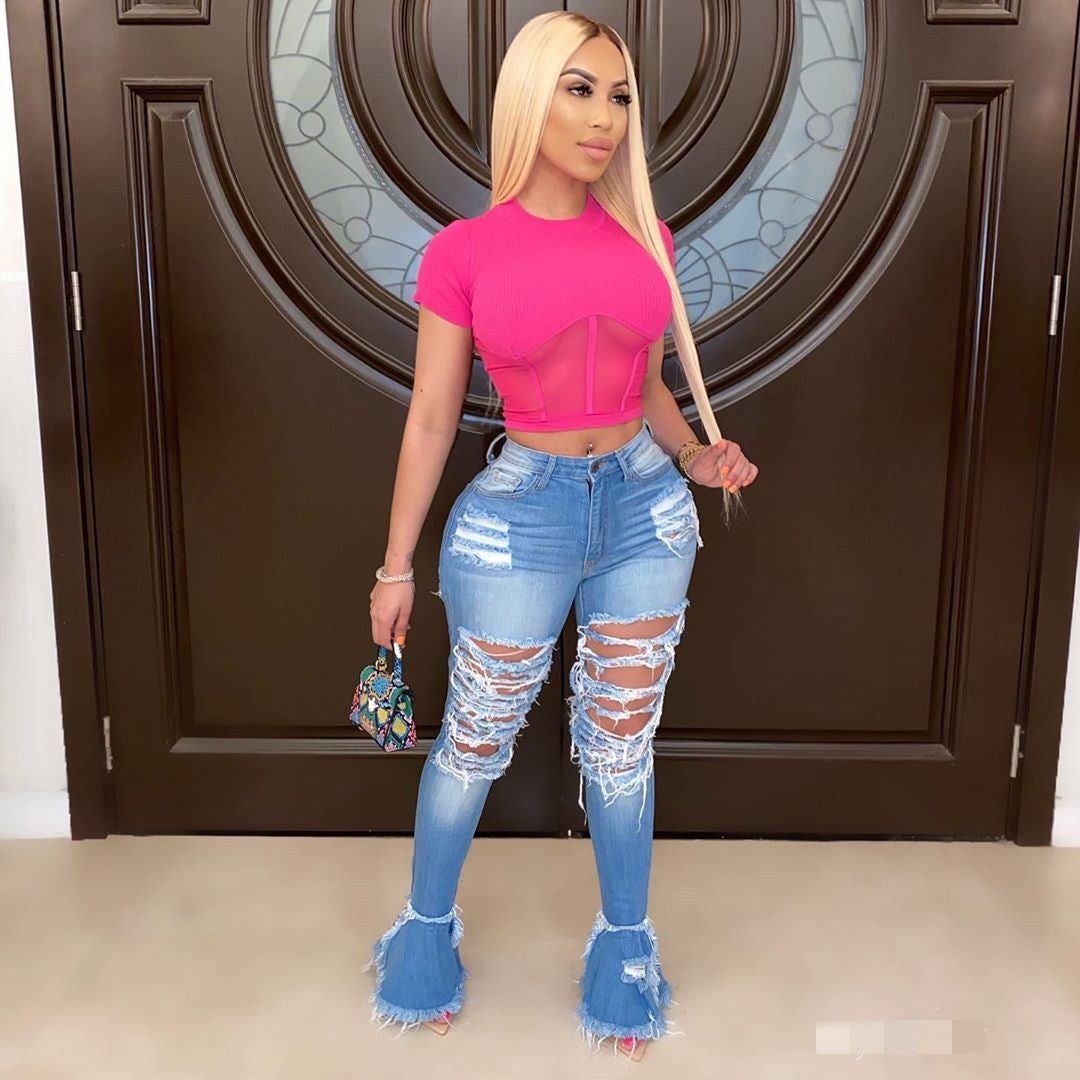 Women's Fringed Ripped Classic Denim Ruffle Trouser 4