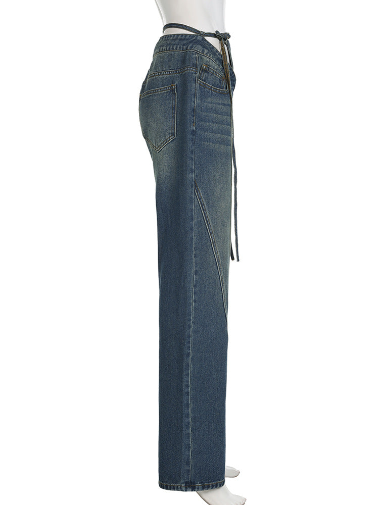 Women irregular patchwork panties fake two-piece Casual Denim trousers 7