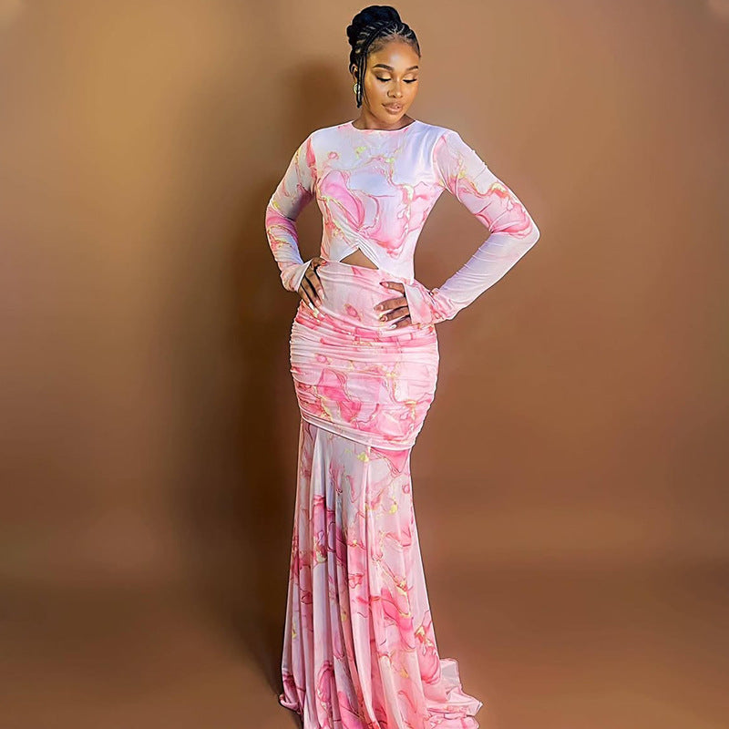 Sweet Printed Long Sleeve Patchwork Long Dress 3