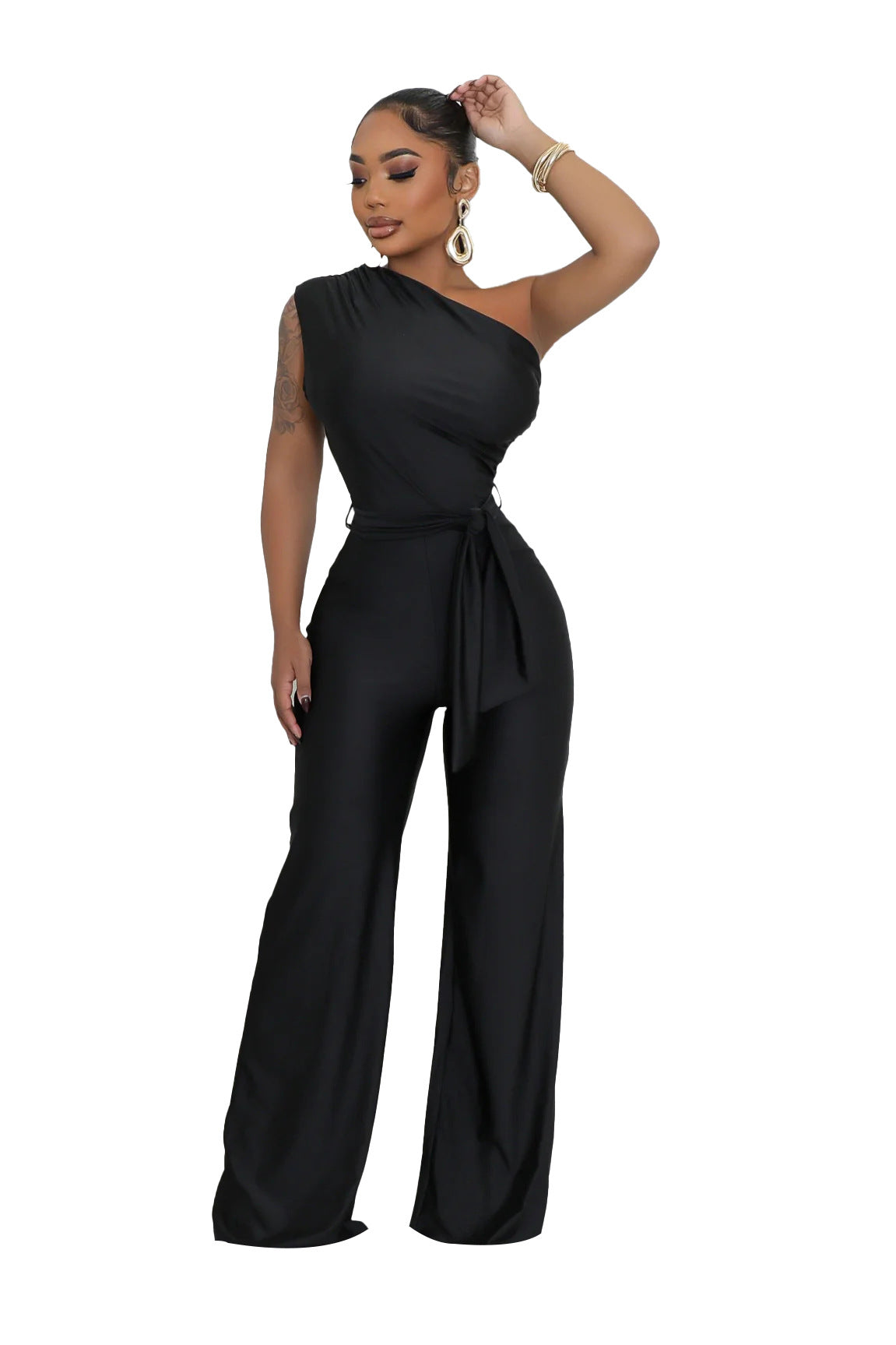Women's Sexy Solid Color Fashion One-Shoulder Slash Shoulder Jumpsuit 3