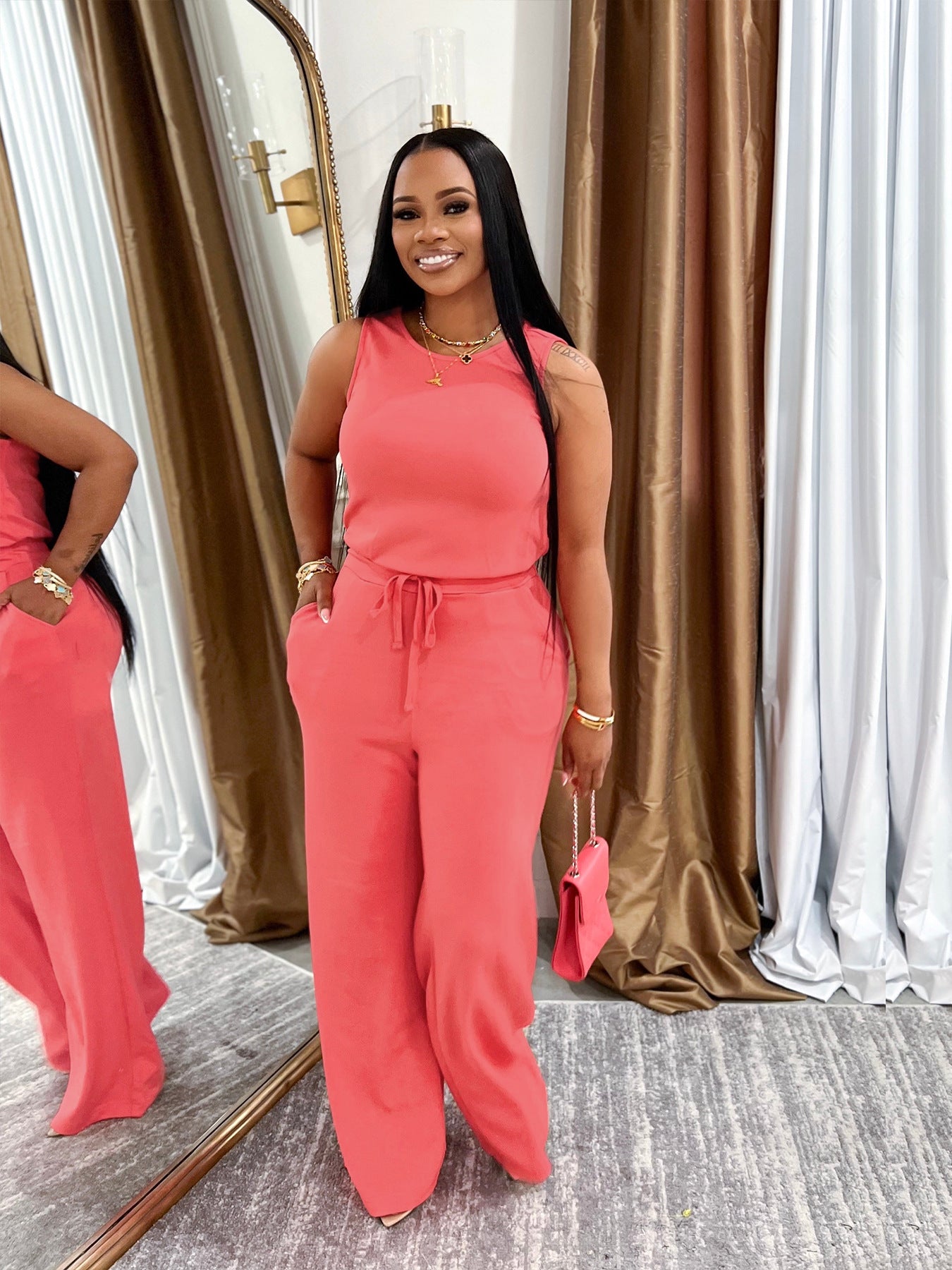 Summer fashion  Casual women's sleeveless lace-up solid color Jumpsuit 9