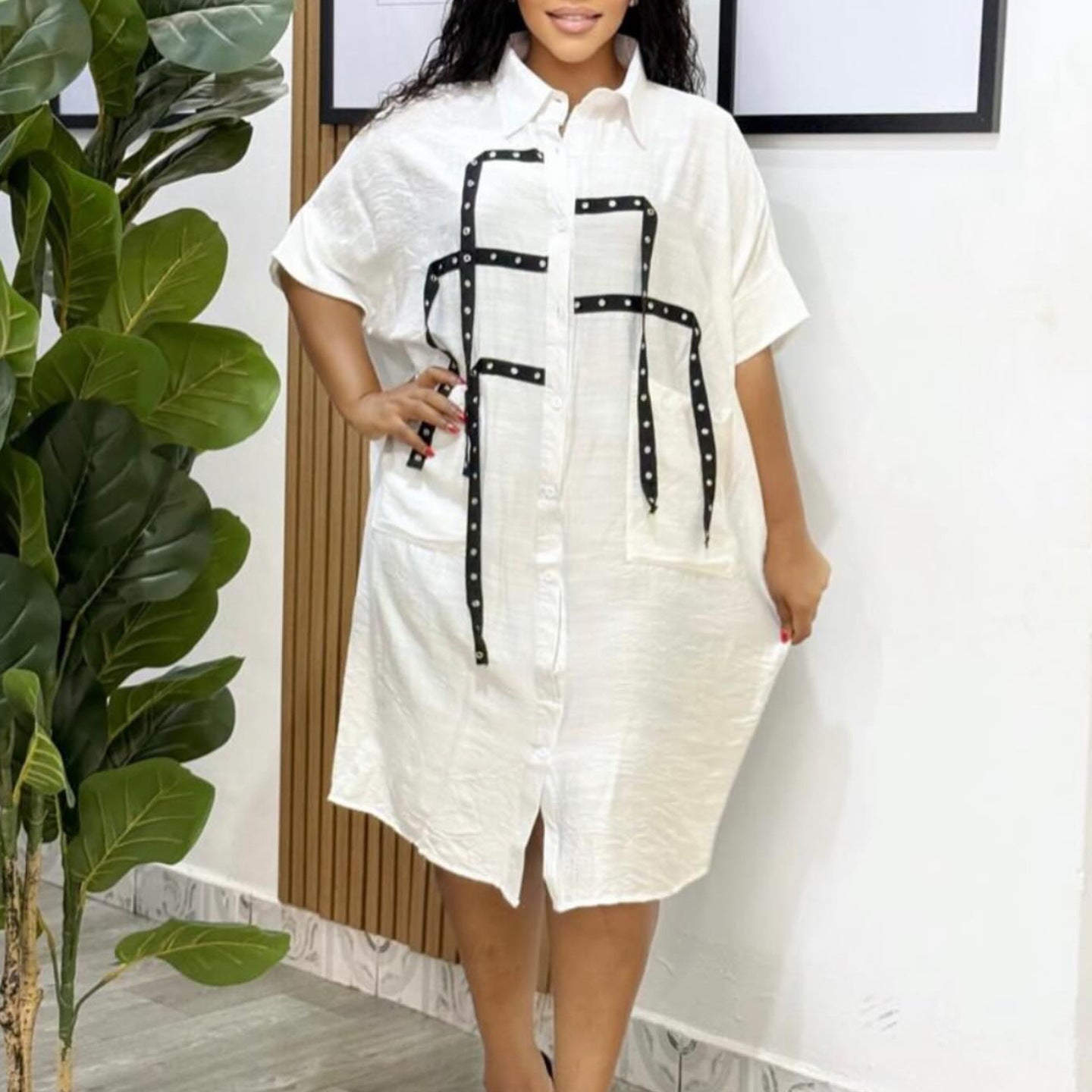 Women Short Sleeve Turndown Collar Shirt Dress 11