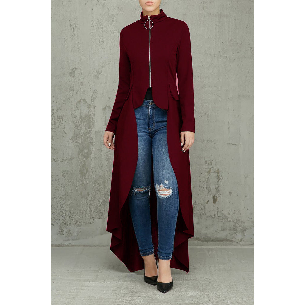 Spring Long-Sleeved High-Neck Slim Zipper Irregular Long Dress 48