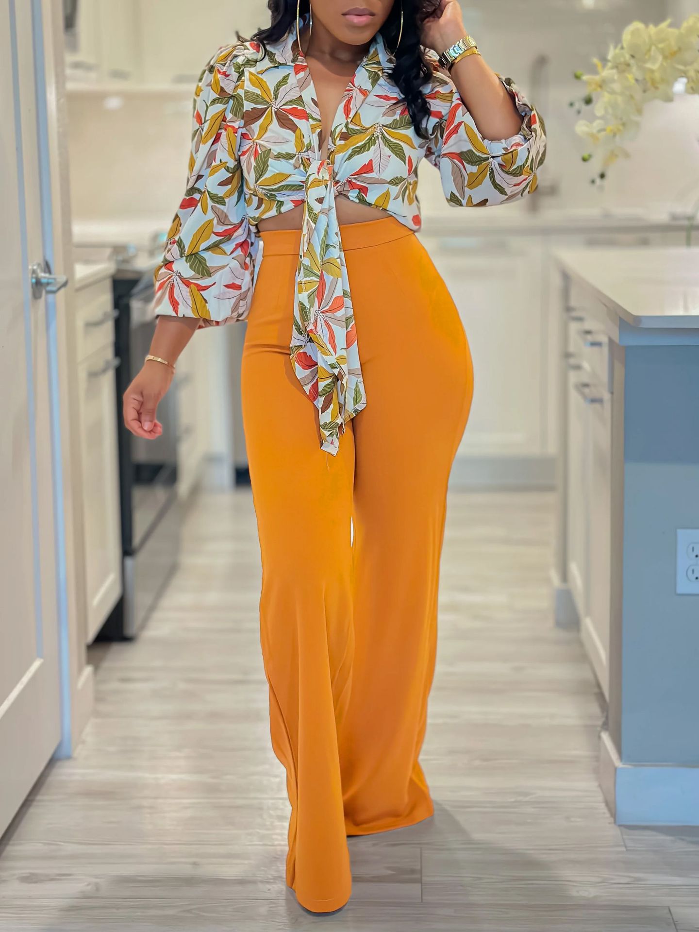 Women's Set Autumn Print Turndown Collar Long Sleeve Shirt Top Wide Leg Pants Two Piece Set 6
