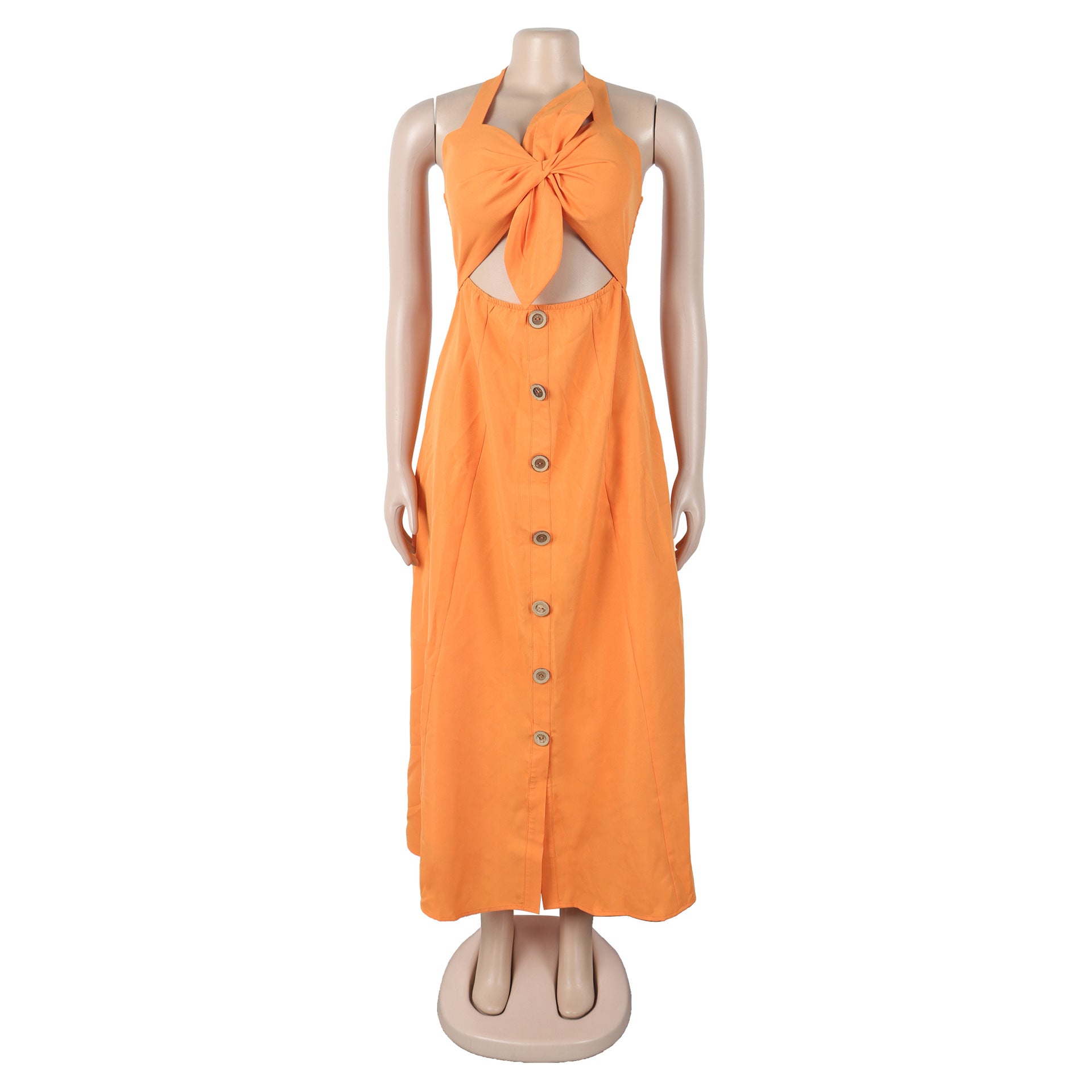 Women Elegant Career Solid Knot Halter Neck Lace-Up Dress 9