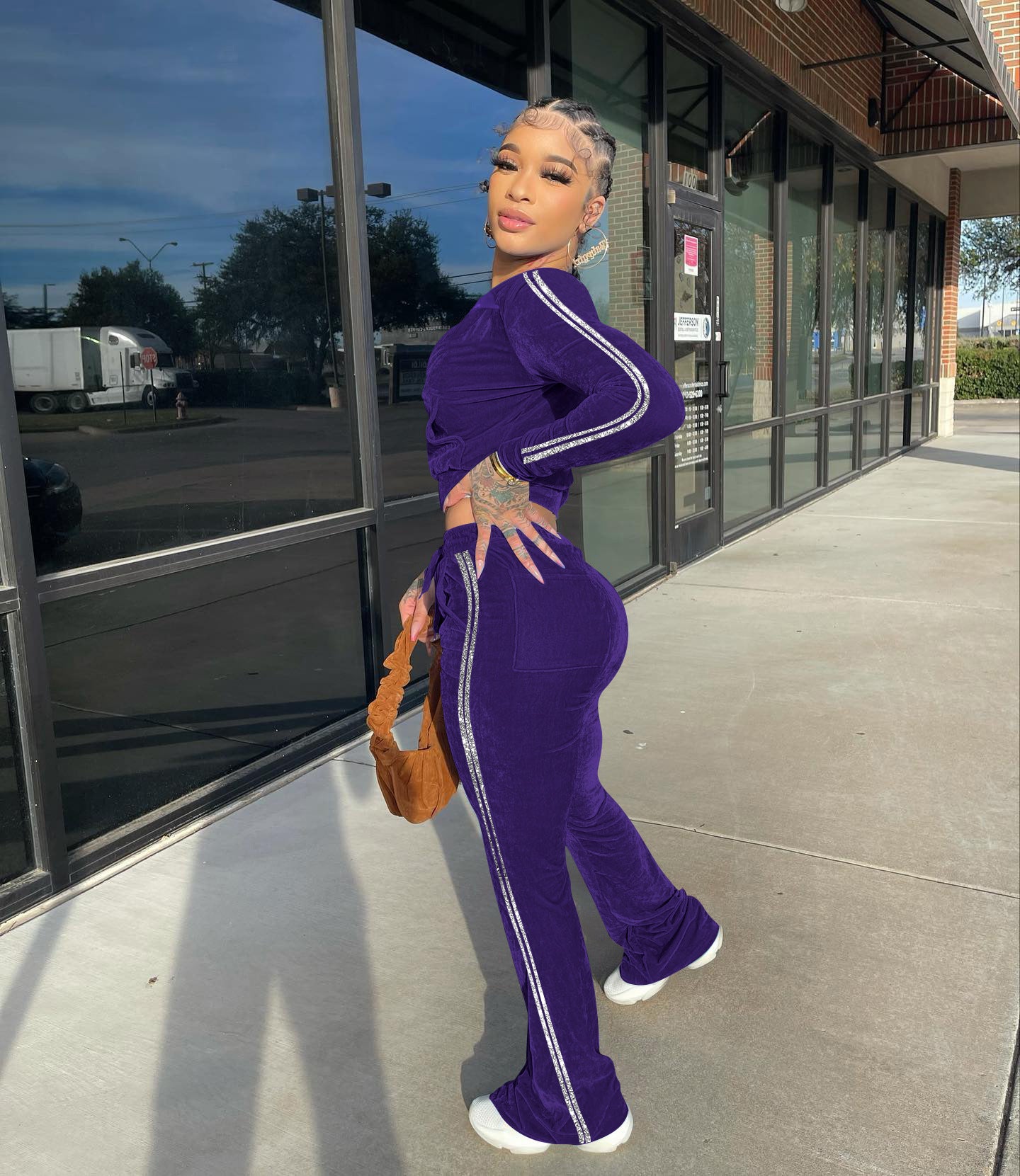 Women's Solid Velvet Casual Zip Top Wide Leg Pants Two Piece Tracksuit 20