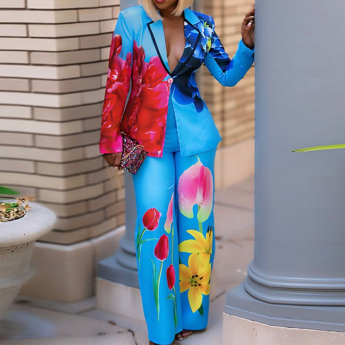 Spring Autumn Women's Fashion V-Neck Printing Blazer Trousers Two-Piece Set 3