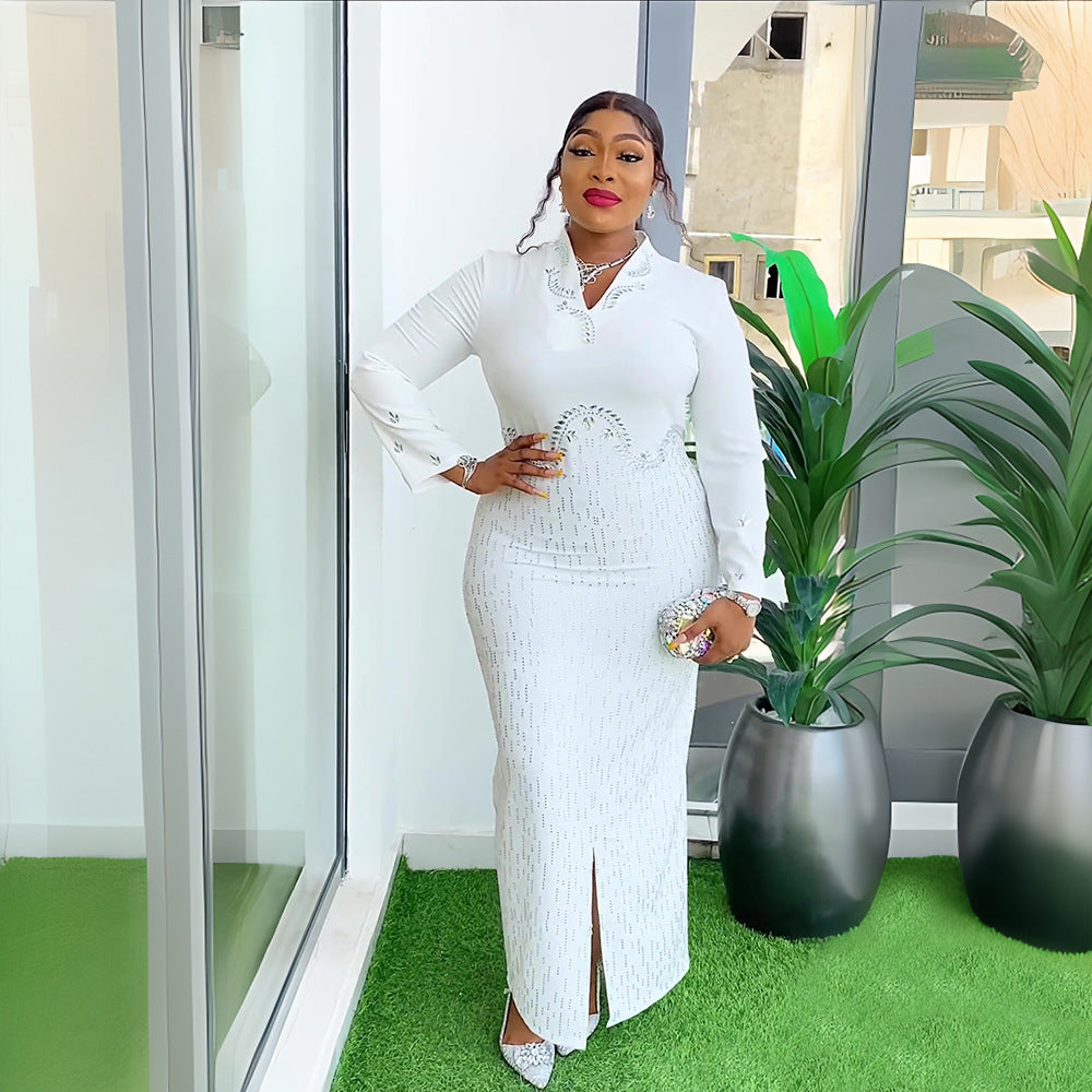 Africa Plus Size Women's Beaded V-Neck Bodycon Chic Elegant Dress 5