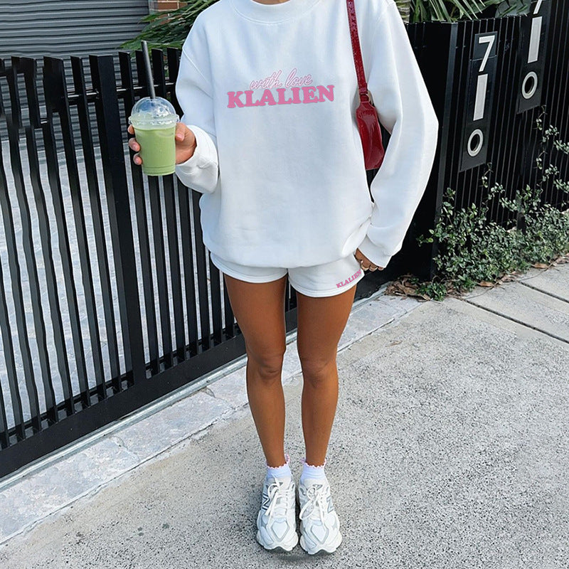 Autumn and Winter Women Printed Basic Top and Shorts Casual Sports Two-piece Set 3