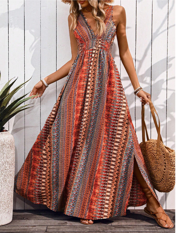 Women Summer Holidays V Neck Print Sleeveless Dress