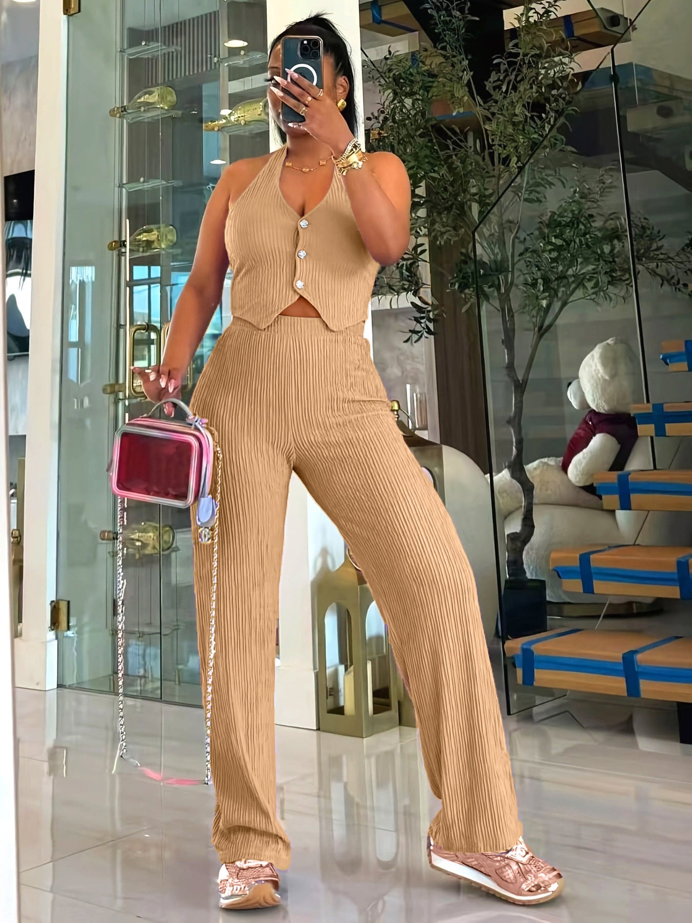 Women Halter Neck Crop Top and Wide Leg Pants Two-piece Set 4