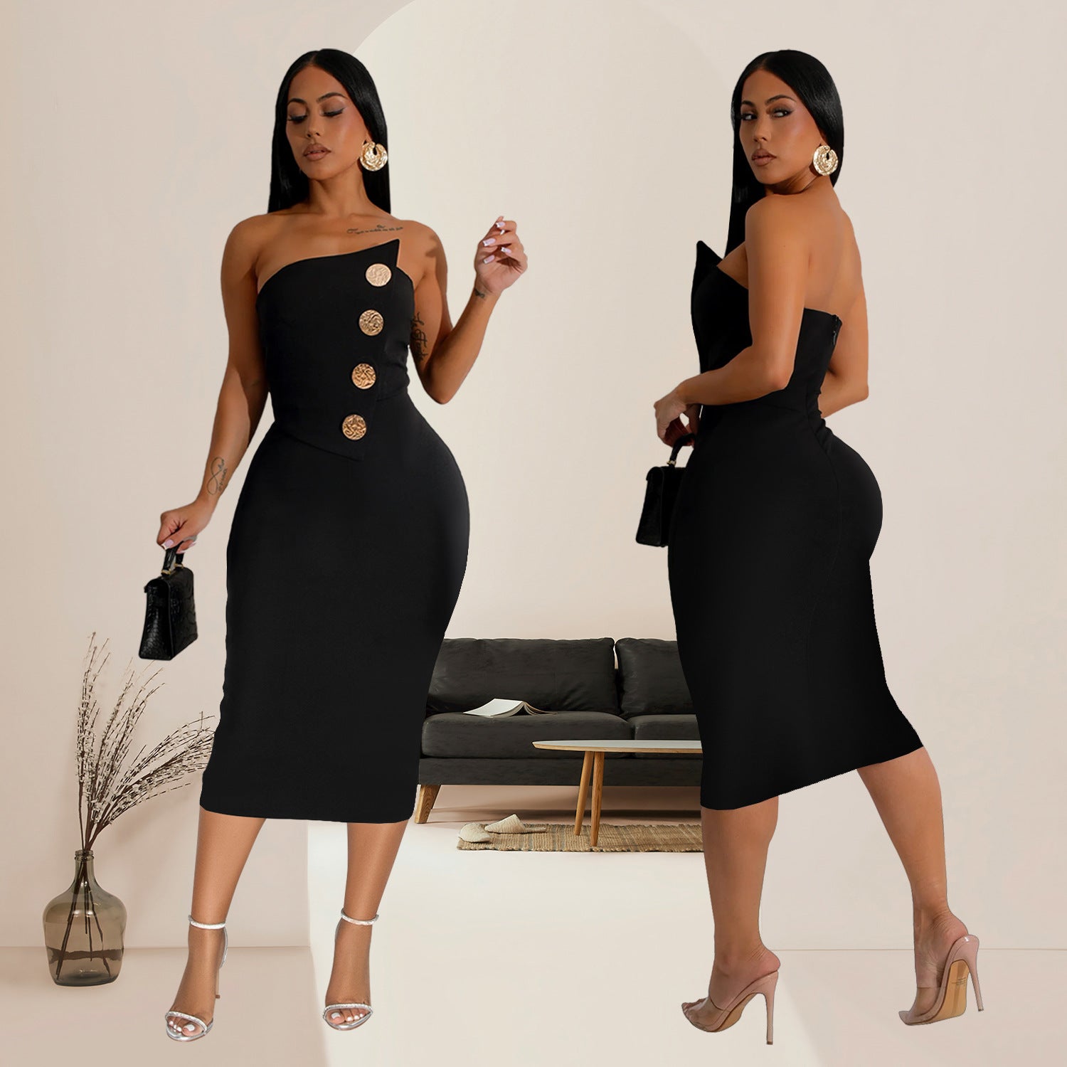 Fashion women's sexy Strapless button decoration dress