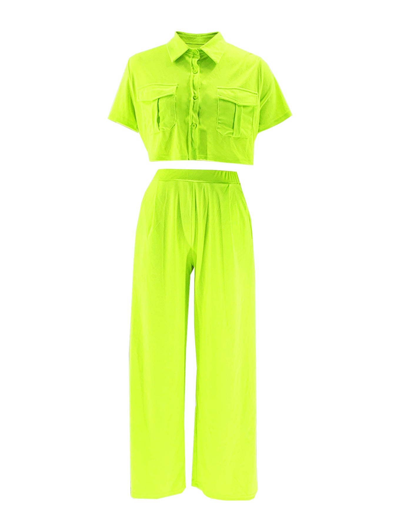 Women's Summer Fashion Turndown Collar Short Sleeve High Waisted Wide Leg Fashion Two Piece Pants Set 11