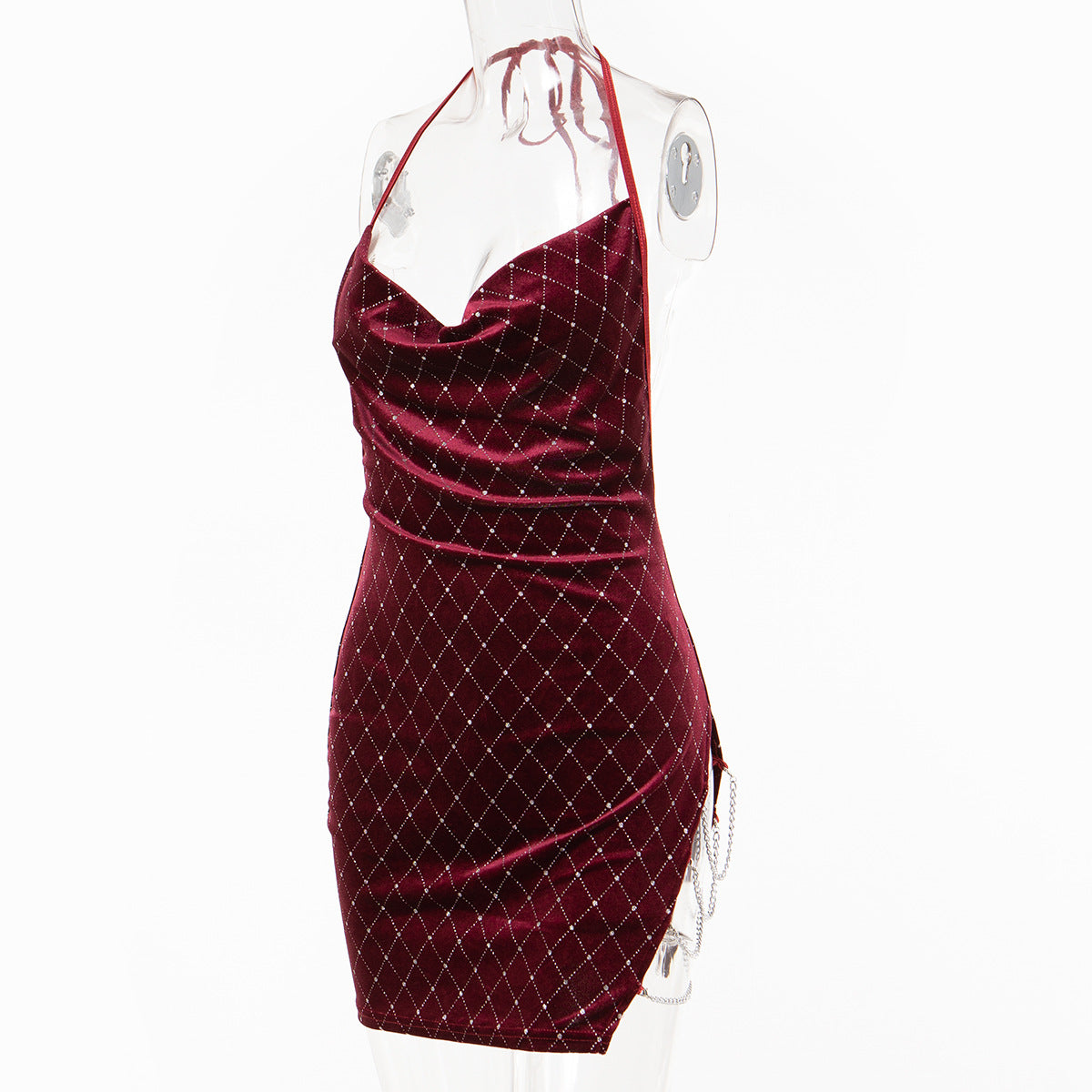 Women sexy Halter Neck chain Backless suspender velvet dress 7