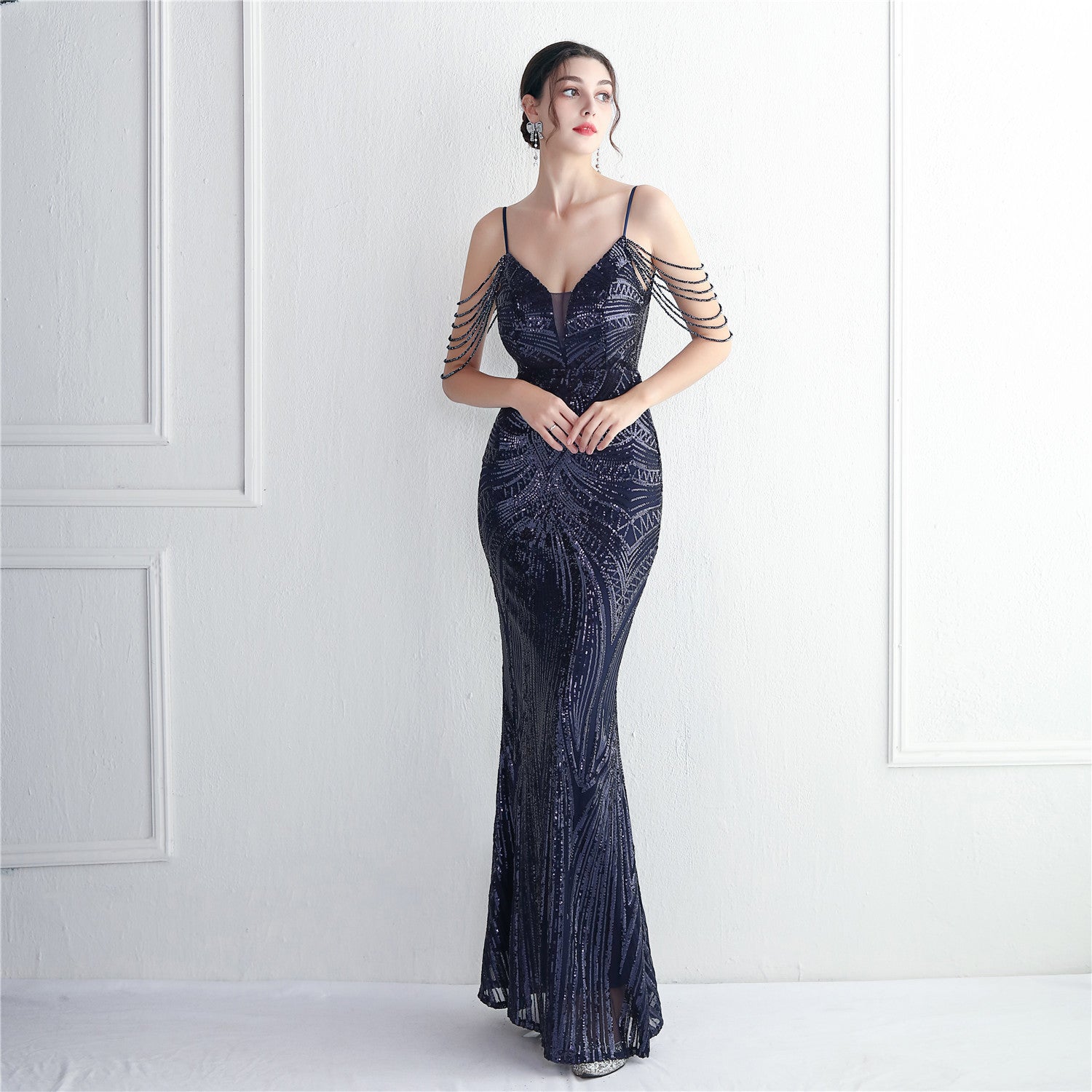 Chic Elegant Orientation Flower Beaded Straps Party Sequin Dress Long Formal Party Slim Evening Dress 4