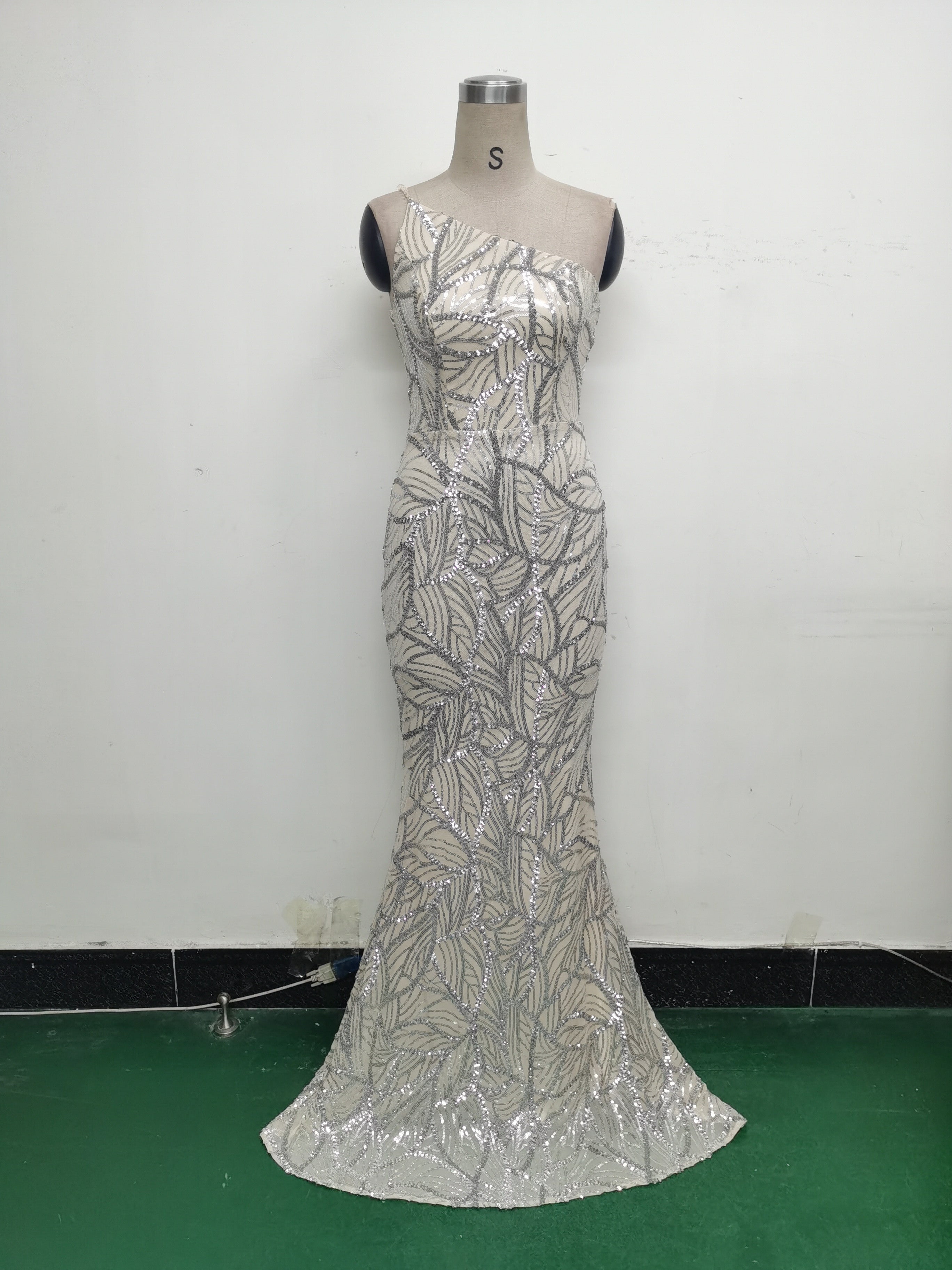 Women One Shoulder Beaded Geometric Sequin Formal Party Prom Wedding Evening Dress 46