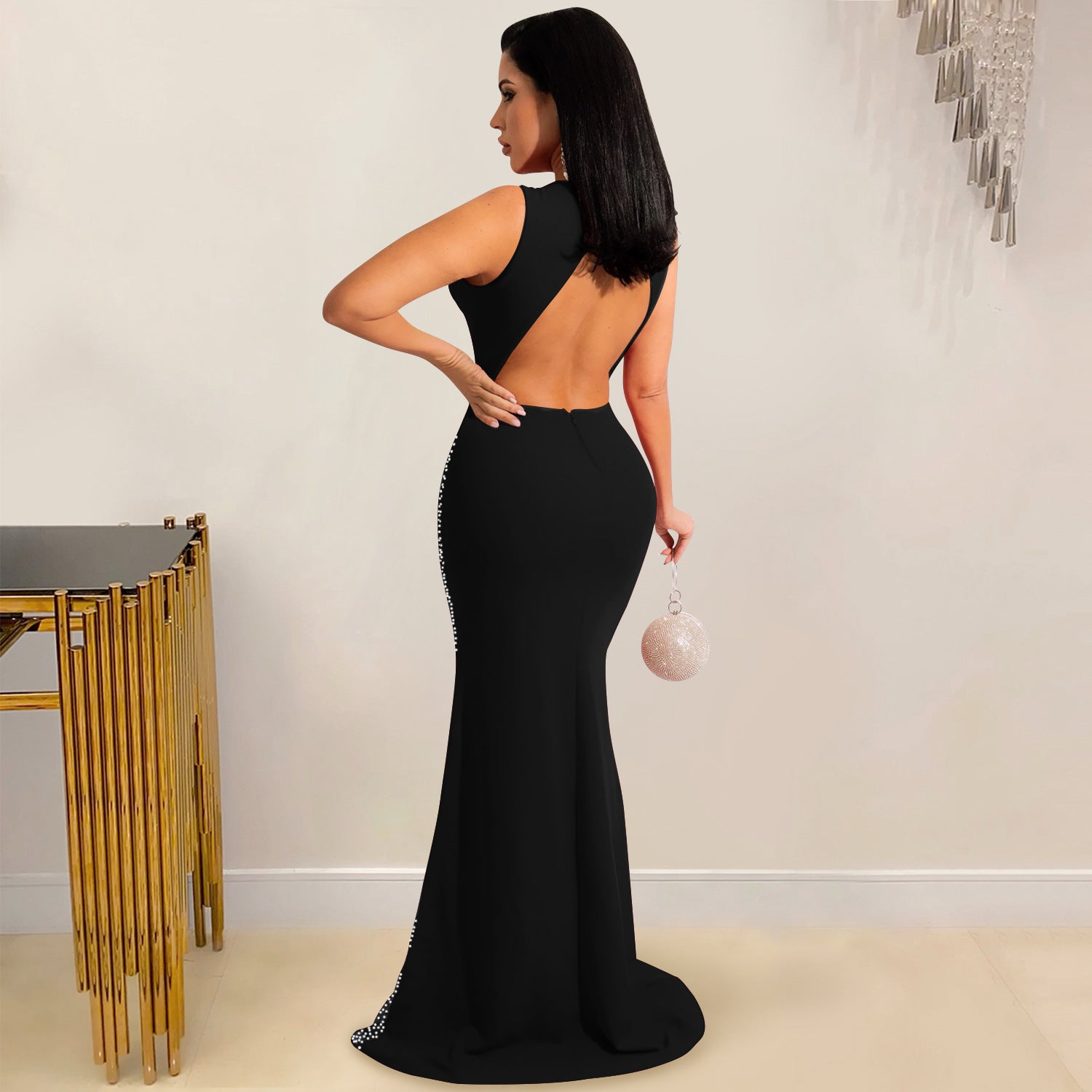 Women Sexy Beaded Mesh See-Through Sleeveless Backless Maxi Dress 3