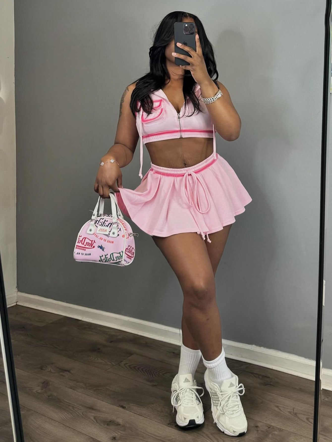 Women Summer Sexy Sports Casual Zipper Top and Lace Skirt Two-piece Set 9