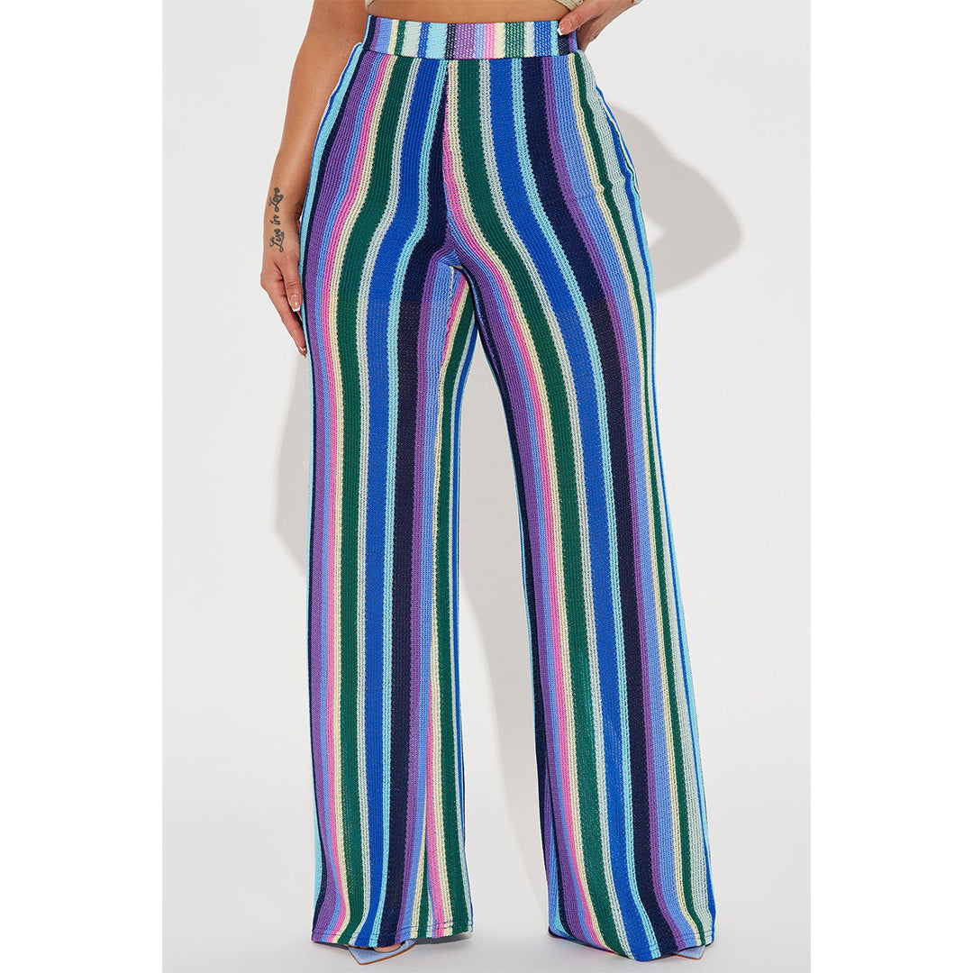 Women's clothing color strip knitting hollow jacquard zipper wide-leg pants 3