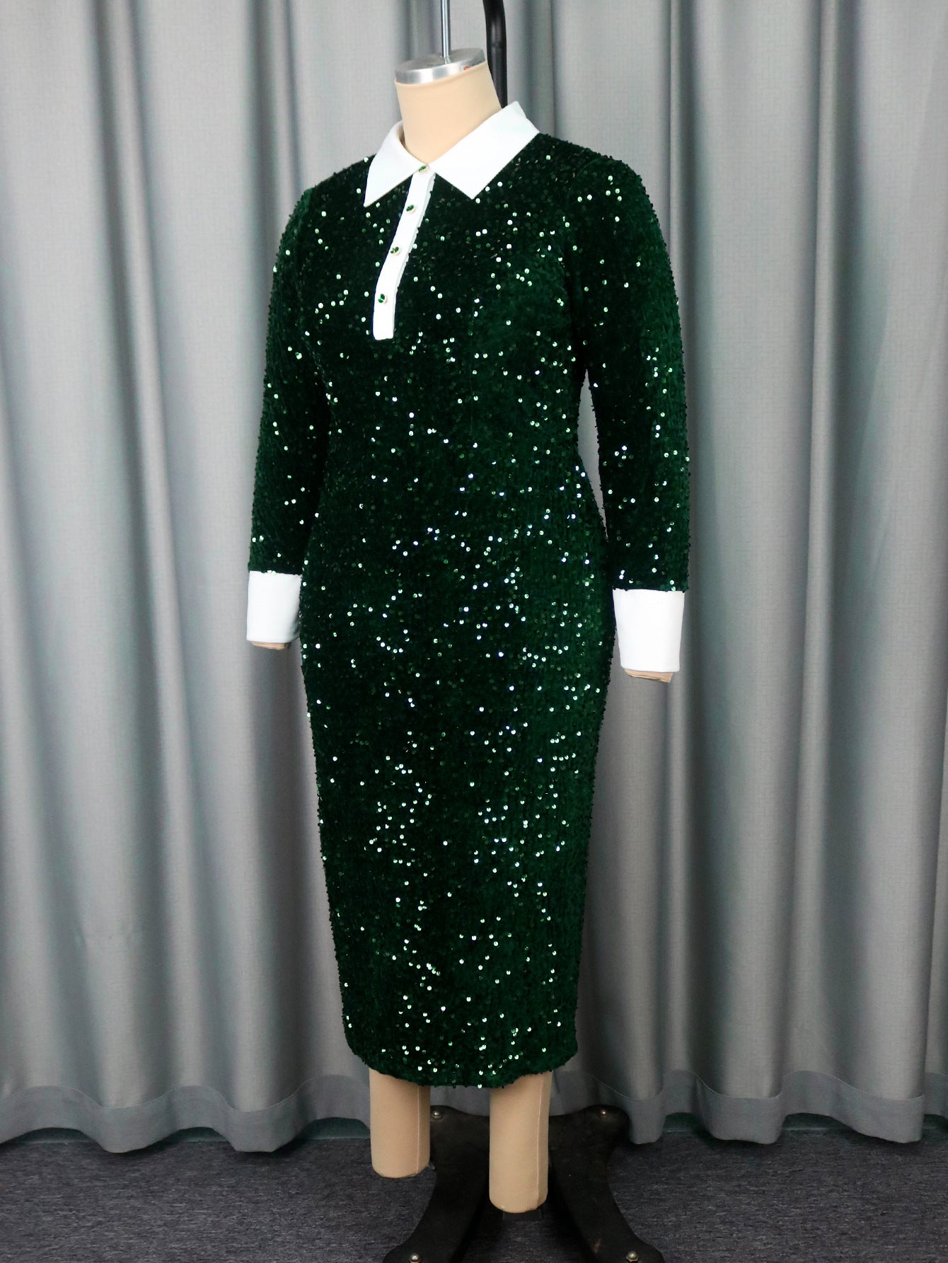 Women's Christmas Velvet Sequins Formal Party Dress Color Block Turndown Collar Long Sleeve Bodycon Dresses 4