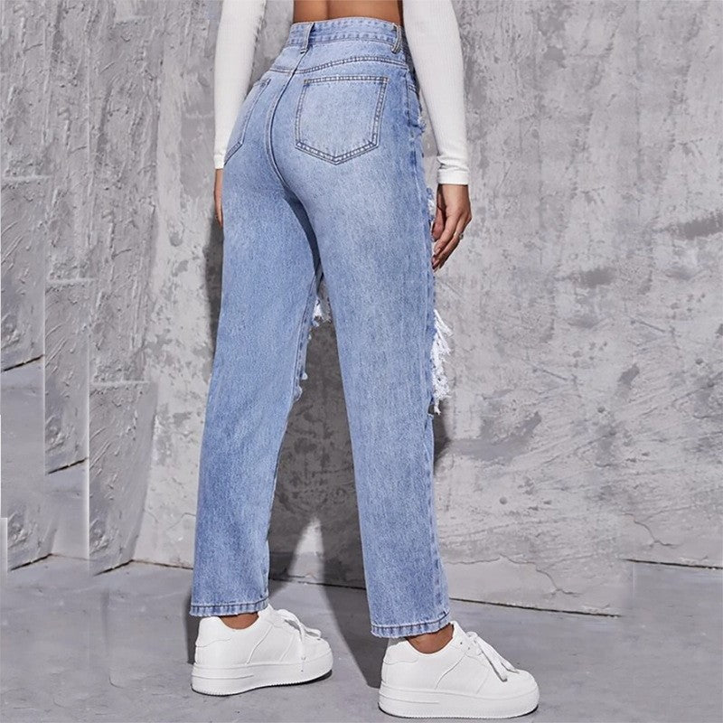 Women Ripped Washed Denim Pants 3