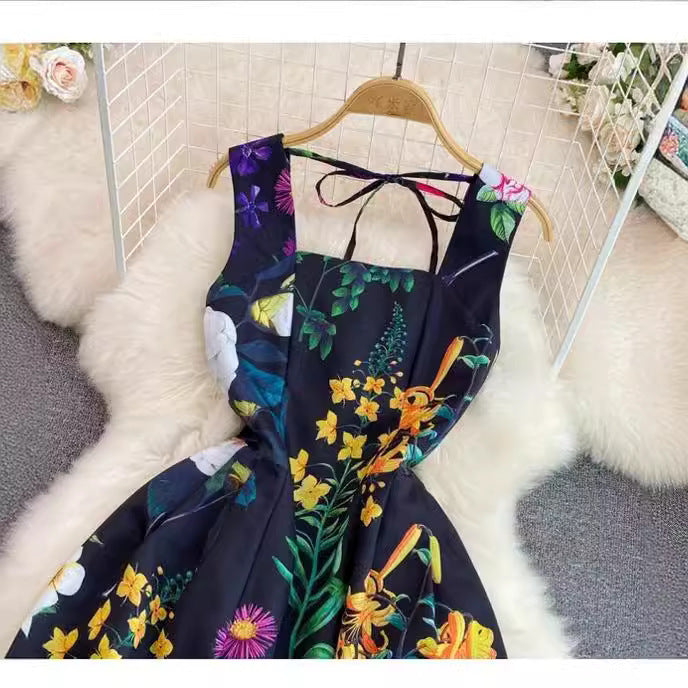 Women French Sleeveless Backless Printed Dress 3