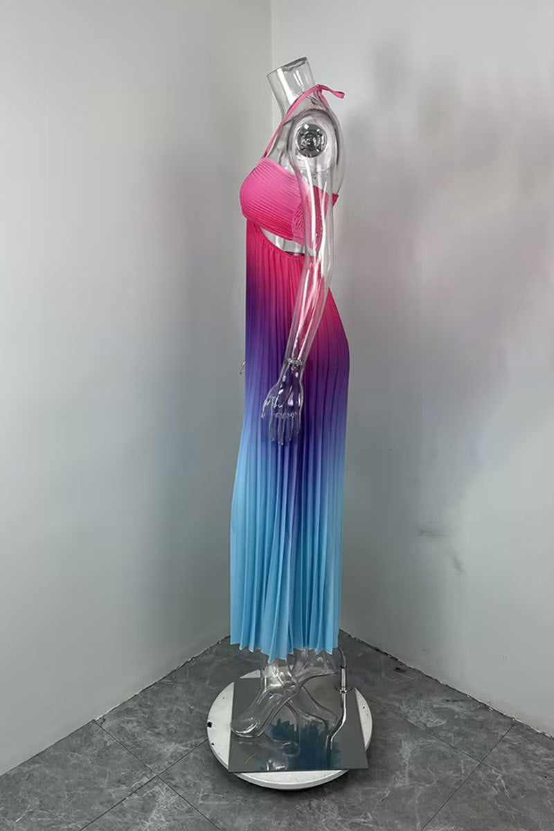 Women summer gradient Halter Neck pleated beach Holidays Maxi Dress 30