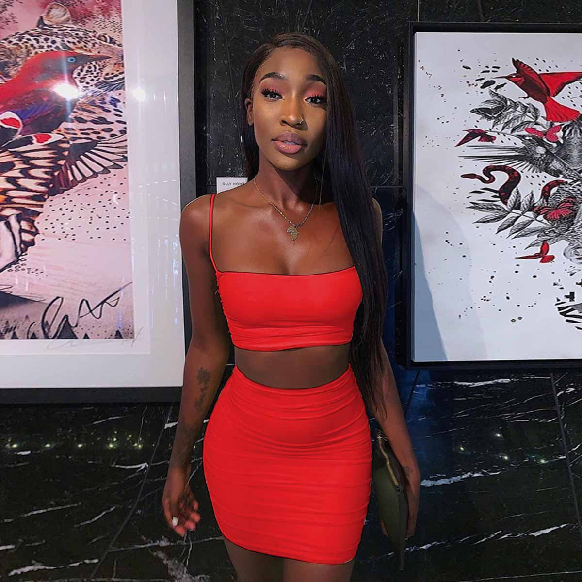 Sexy Camisole Ruched Bodycon Skirt Two-Piece Set For Women 12