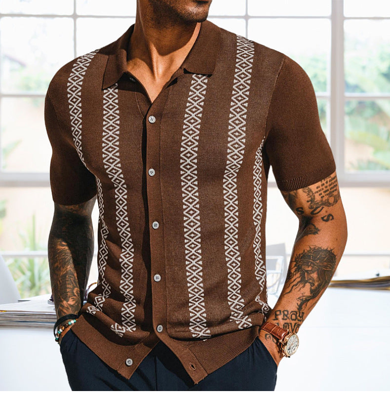 Men's Summer Striped Jacquard Knitting Short Sleeve Polo Top 3