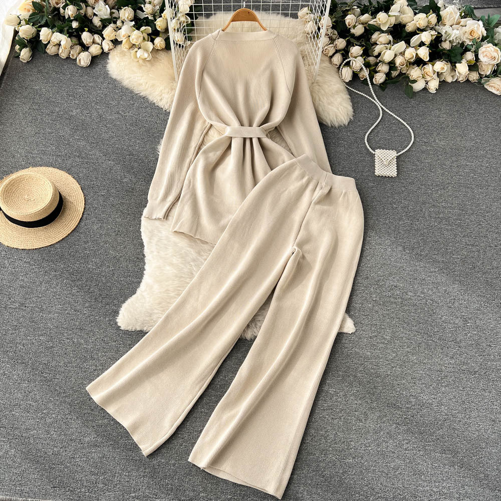 Women autumn lace-up long-sleeved knitting cardigan jacket and loose wide-leg pants two-piece set 13