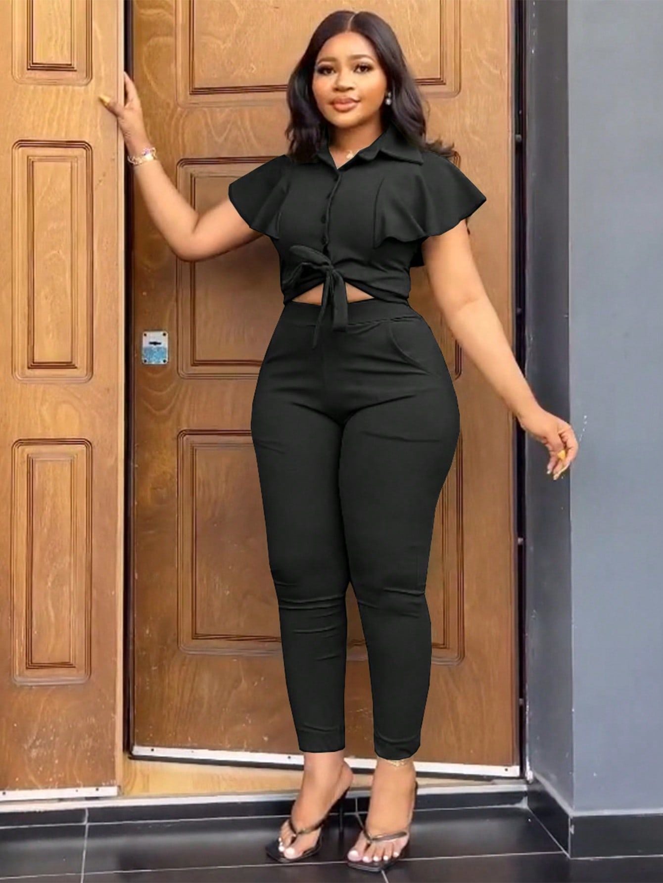 Women Turndown Collar Top and Pocket Pants Two Piece 7