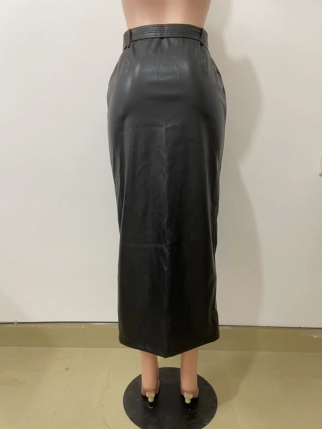Autumn And Winter Mid-Length Black Pu Buckle Slit  Casual Leather Skirt With Belt 11