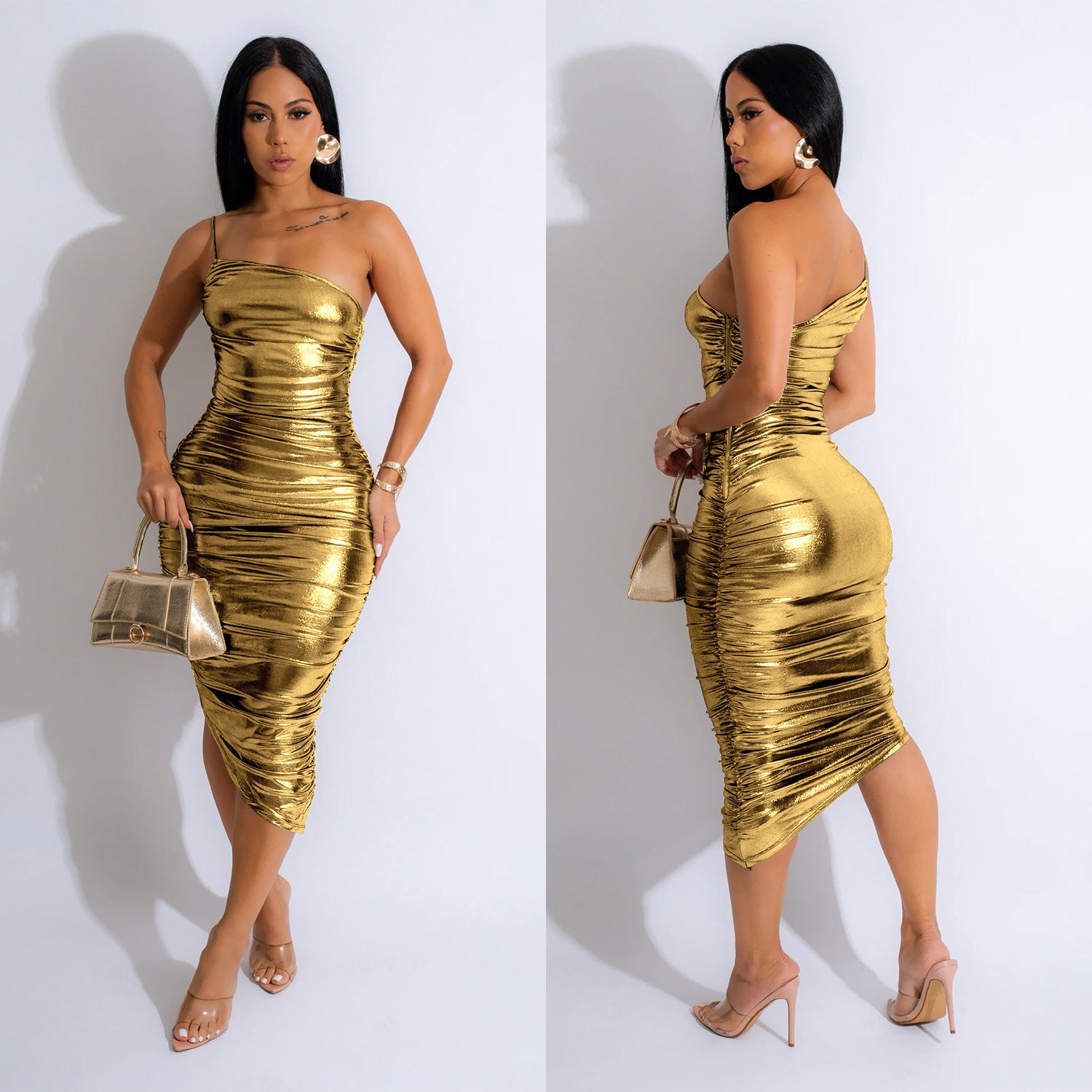 Fashion Women's Solid Color Sexy Slash Shoulder Pleated Dress 4