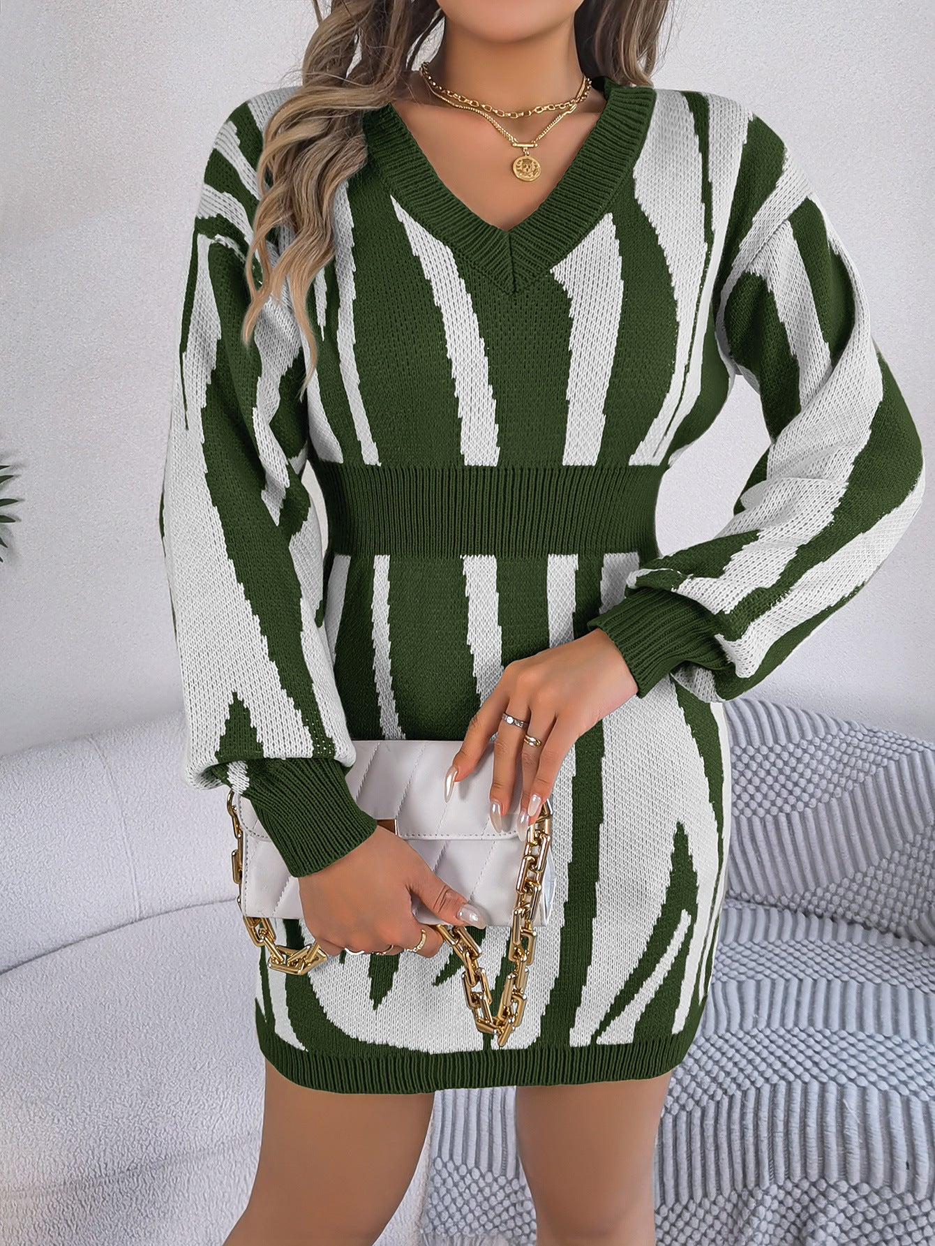 Women v-neck contrast zebra print long-sleeved Bodycon sweater dress 7