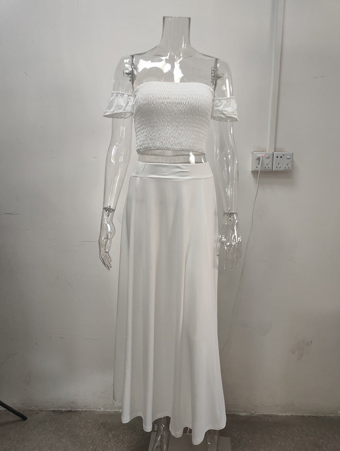 Women Summer French Bohemian Print Strapless Top and Skirt Two-Piece Set 49