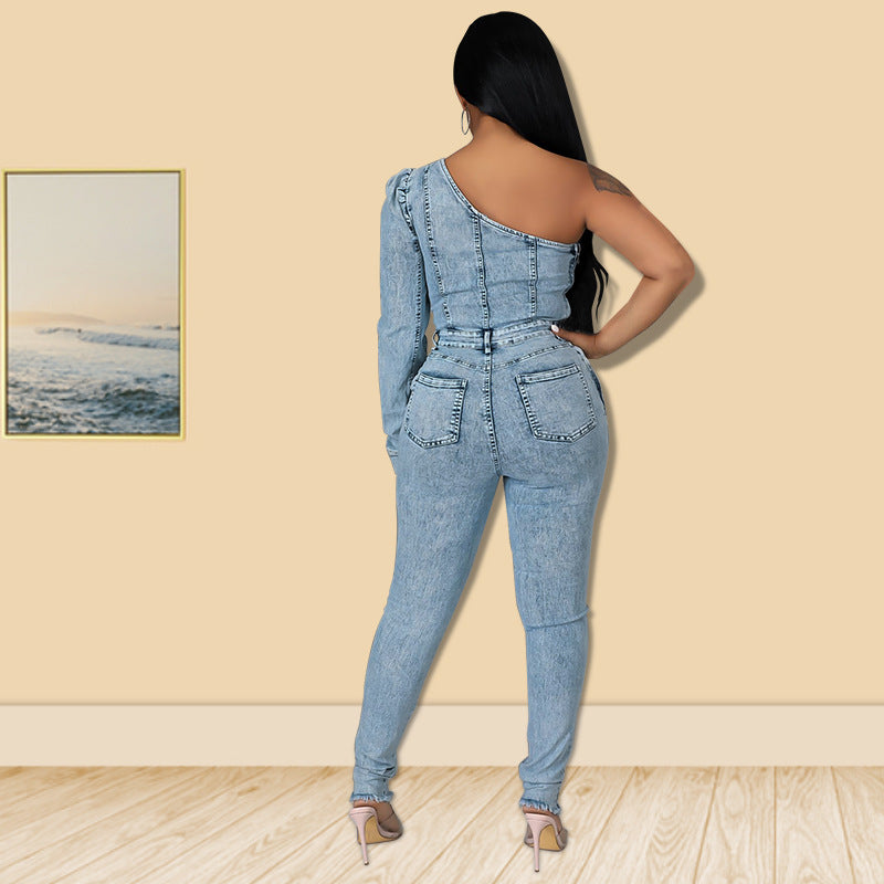 Women Clothes Fall Single Long Sleeve Slash Shoulder Denim Jumpsuit 4