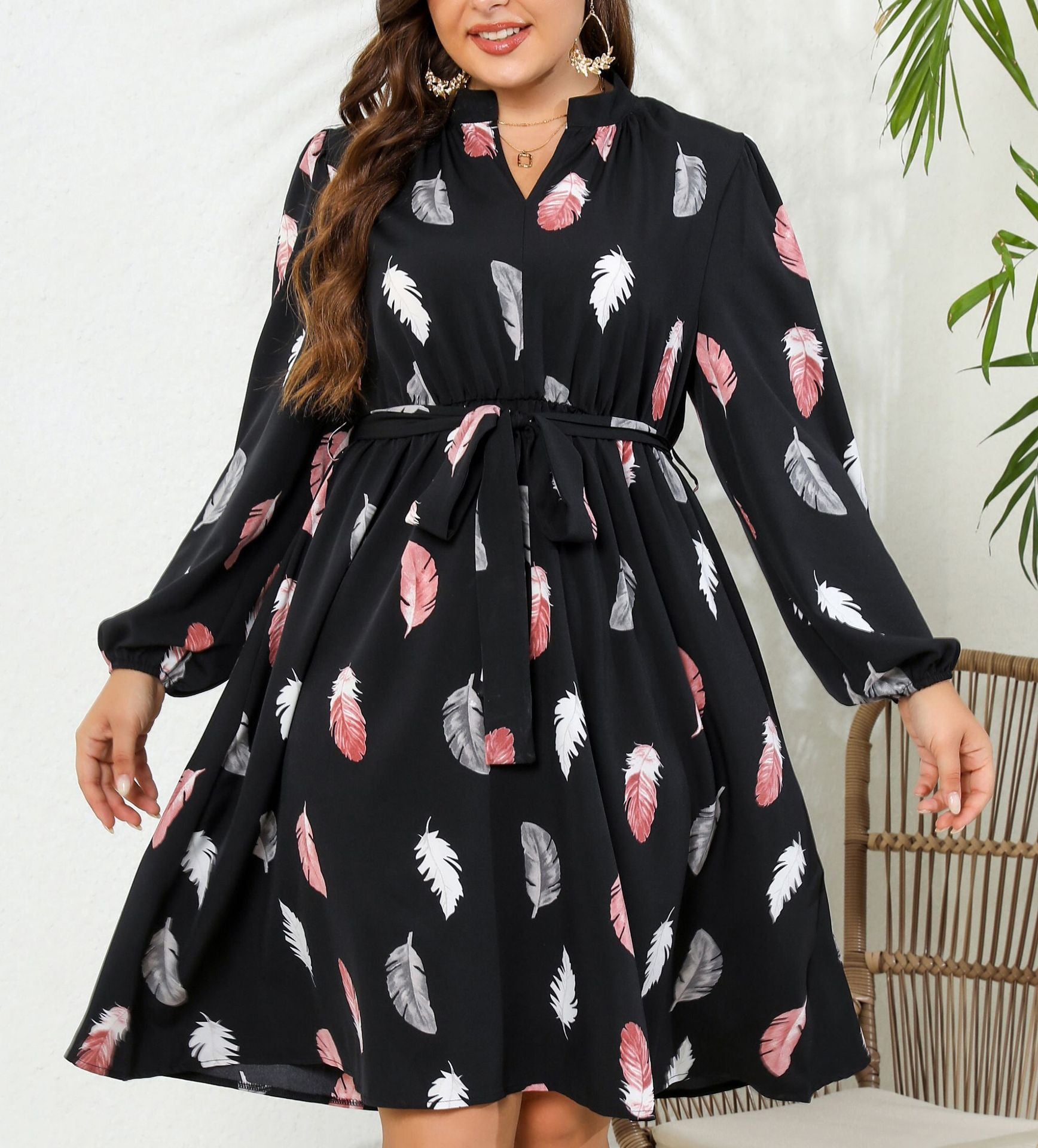 V-Neck Printed Long Sleeve Slim Waist Plus Size Women's Dress 7