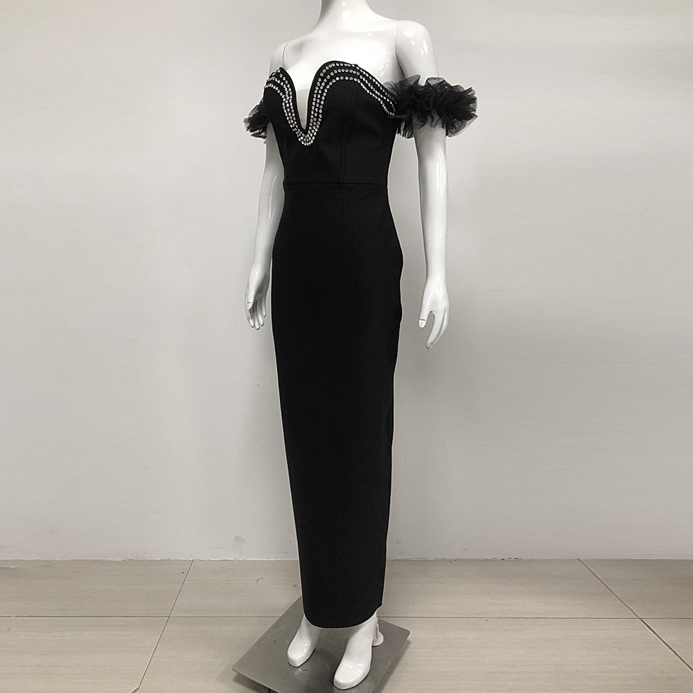 Women jacquard backless wrapped chest v-neck Beaded Maxi dress 6