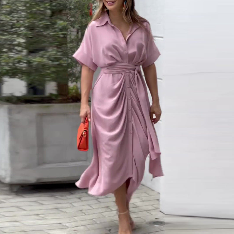 Women'S Fashion Turndown Collar Maxi Short Sleeve Single Breasted High Waist Shirt Dress 8